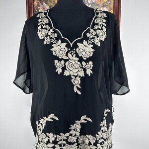 Flying Tomato Blouse Women's Small Scalloped Neck Black Beige Floral Embroidery